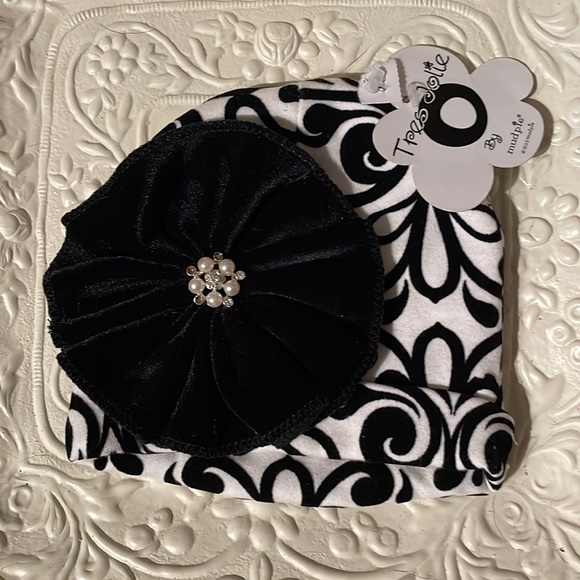 Mud Pie Tres Jolie Girls Winter Hat Black White Velvet Trim Bow Rhinestone New - Picture 1 of 6